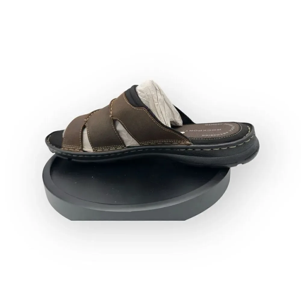 NWOT Rockport Mens Leather Slip-On Flat Heel Darwyn Slide Sandal Brown Size 10